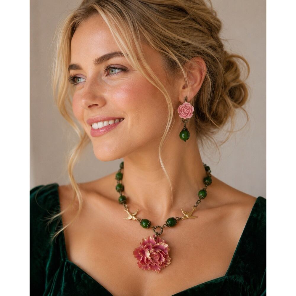 Shabby Chic Peony Bird Flower Necklace Earrings VTG Cottagecore Artisan French - Picture 2 of 9